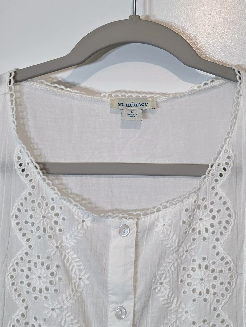 Sundance Art Of Eyelet Lace Cotton Button Down Blouse Scalloped Hem White Large - Picture 5 of 13